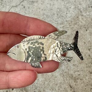 Vintage Mexico 925 Sterling Silver Fish Brooch • Hand Hammered Taxco Style Pin